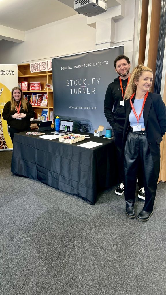 Alexandra Cayzer, Martin Turner, and Sarah Luckhurst, ready to greet student on the Stockley and Turner career stand.