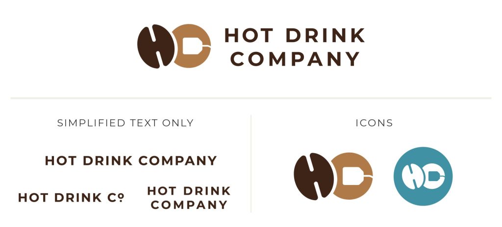 Hot Drink Company visual identity displayed with logo, text, and icons, with adopted colour palette.