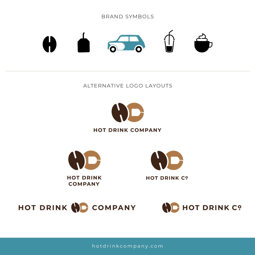 Completing the Hot Drink Company visual with symbols and badges to be used across all channels and media types.