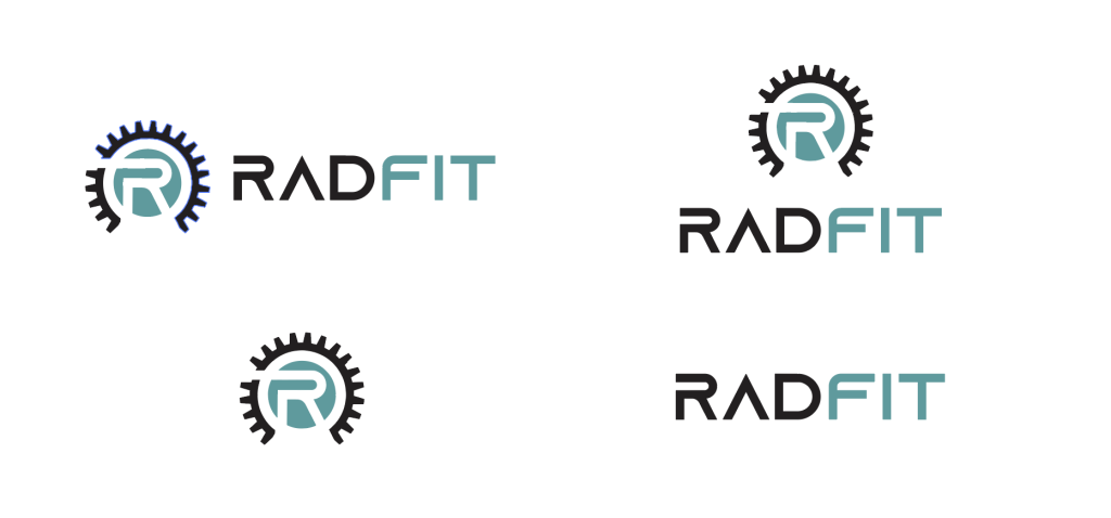 Typography, brand mark, colour, and spacing show the Radfit logo in 4 different formats. Creating a brand identity with Stockley and Turner's creative experts.