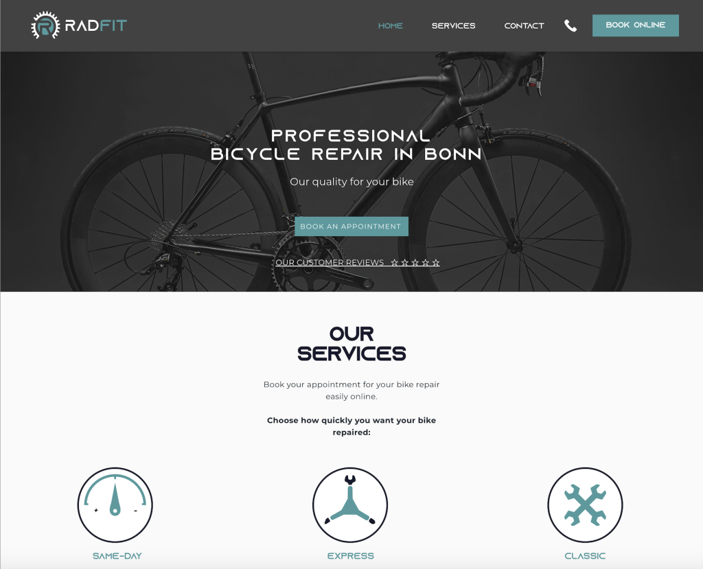 The Radfit bicycle repair website - a fully branded experience. Creating a brand identity with Stockley and Turner's creative experts.