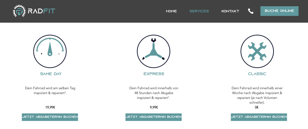 RadFit's website, showing the different service icons. Creating a brand identity with Stockley and Turner's creative experts.