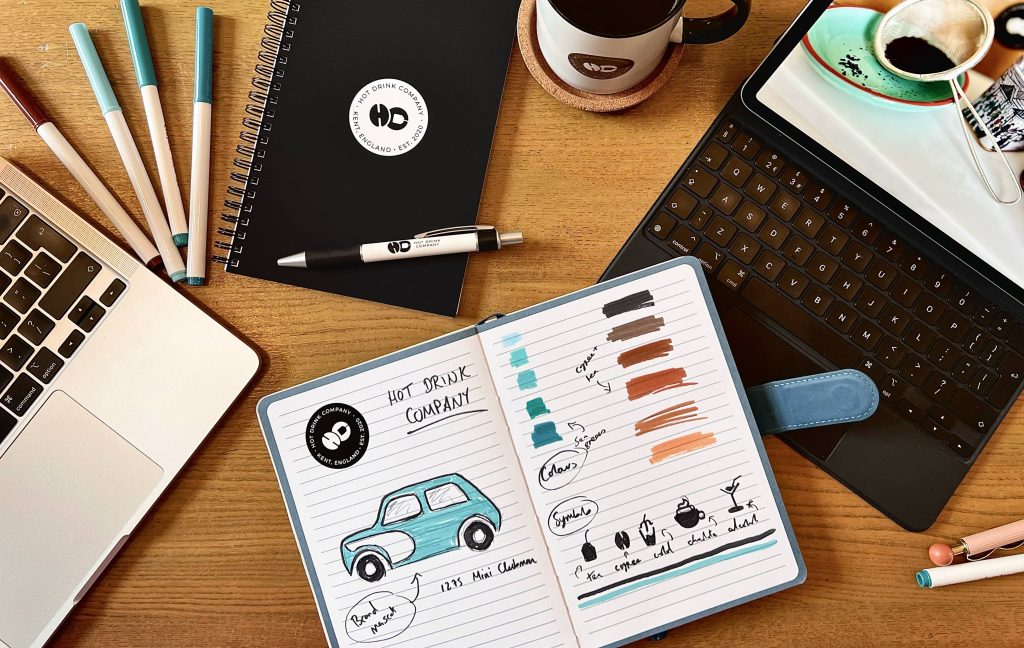 The Hot Drink Company Logo comes to life through some research, sketches, and association on a notepad.